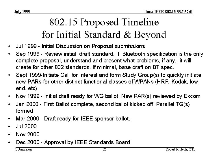 July 1999 doc. : IEEE 802. 15 -99/052 r 0 802. 15 Proposed Timeline