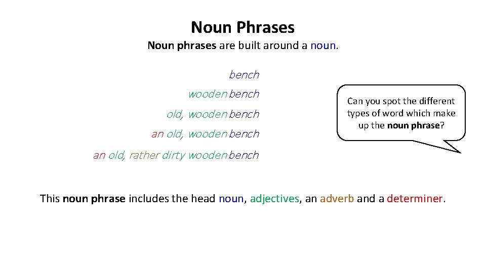 Noun Phrases Noun phrases are built around a noun. bench wooden bench old, wooden