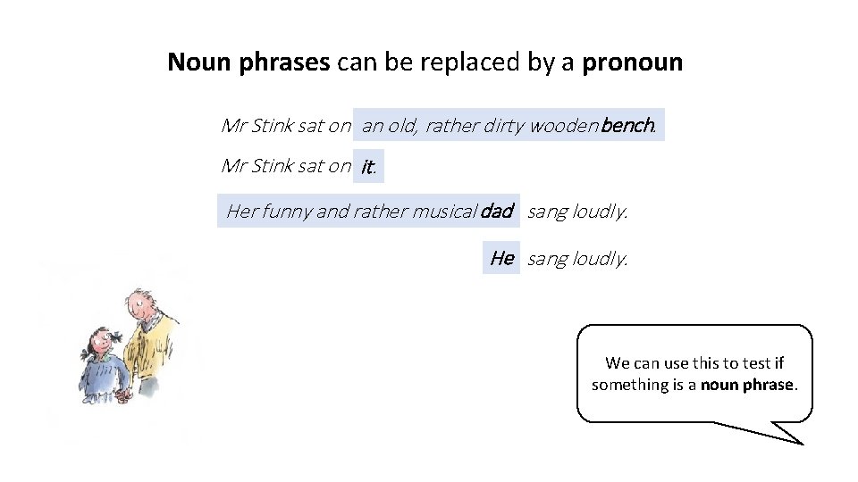 Noun phrases can be replaced by a pronoun Mr Stink sat on an old,