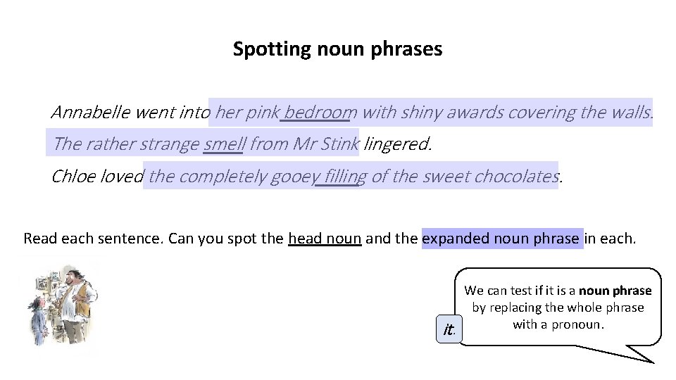 Spotting noun phrases Annabelle went into her pink bedroom with shiny awards covering the
