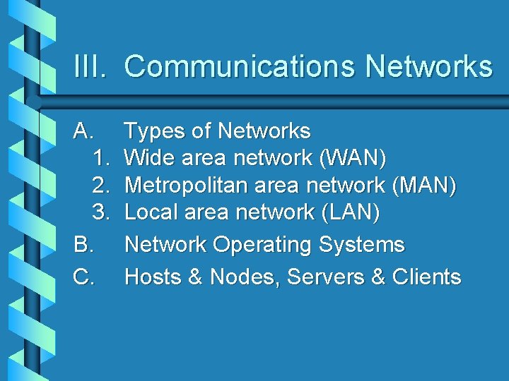 III. Communications Networks A. 1. 2. 3. B. C. Types of Networks Wide area