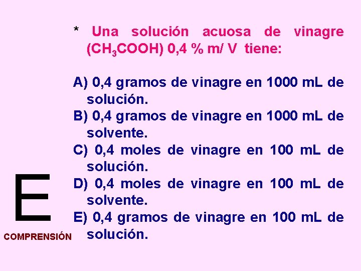 * Una solución acuosa de vinagre (CH 3 COOH) 0, 4 % m/ V