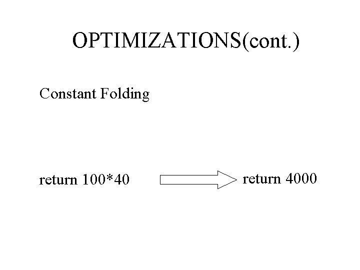 OPTIMIZATIONS(cont. ) Constant Folding return 100*40 return 4000 7 