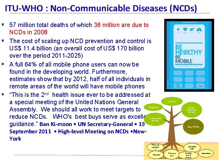 ITU-WHO : Non-Communicable Diseases (NCDs) § 57 million total deaths of which 36 million