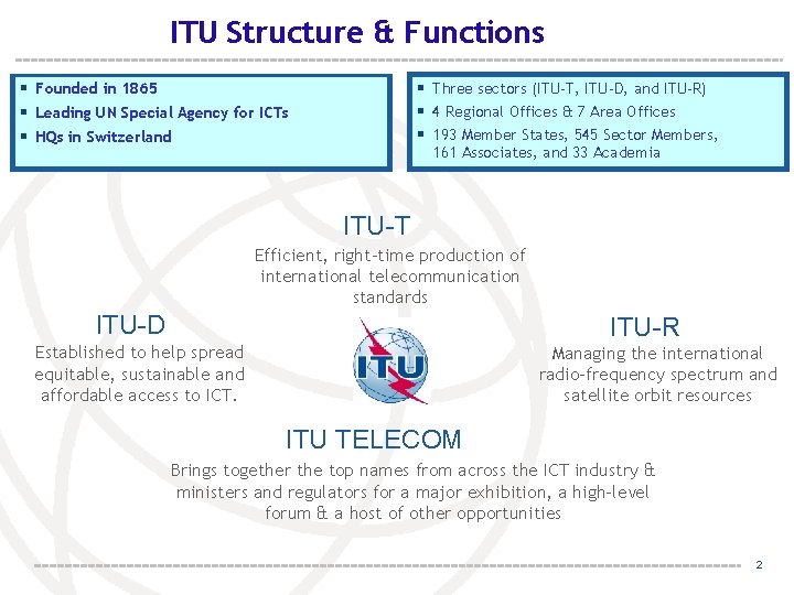 ITU Structure & Functions § Three sectors (ITU-T, ITU-D, and ITU-R) § 4 Regional