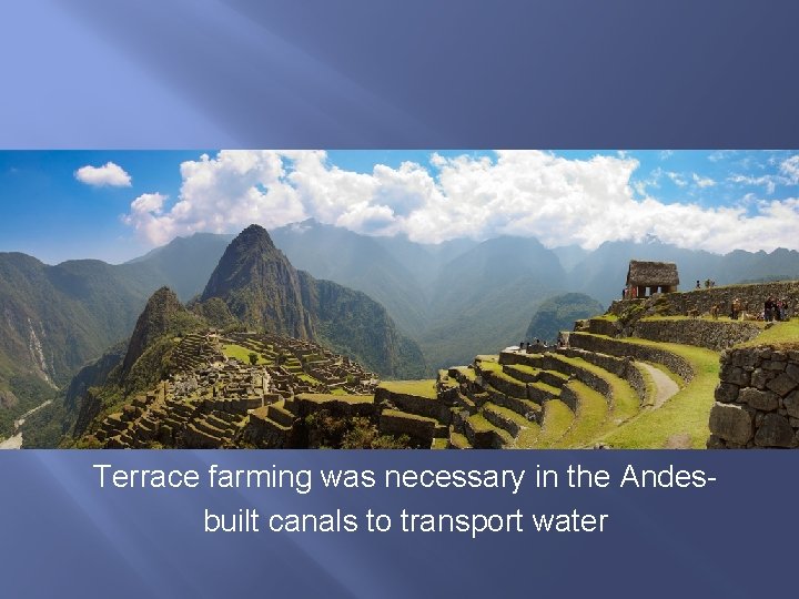 Terrace farming was necessary in the Andesbuilt canals to transport water 