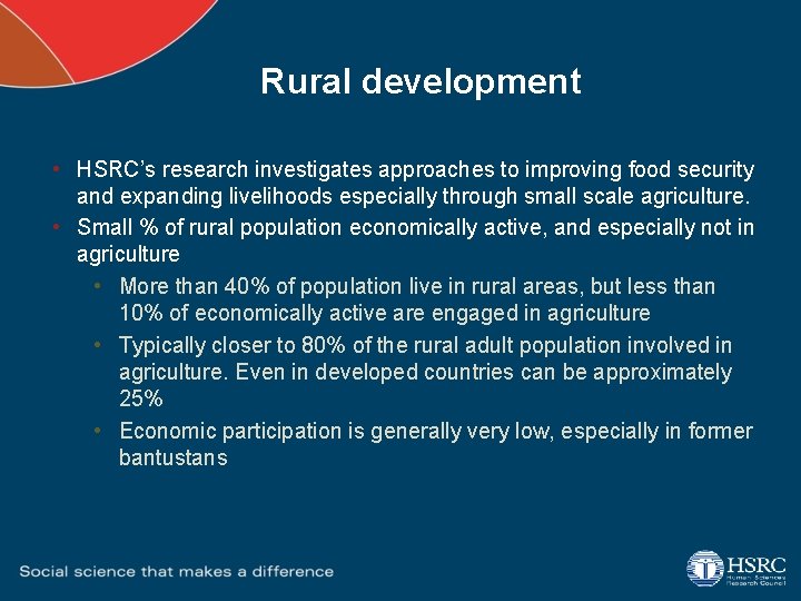 Rural development • HSRC’s research investigates approaches to improving food security and expanding livelihoods