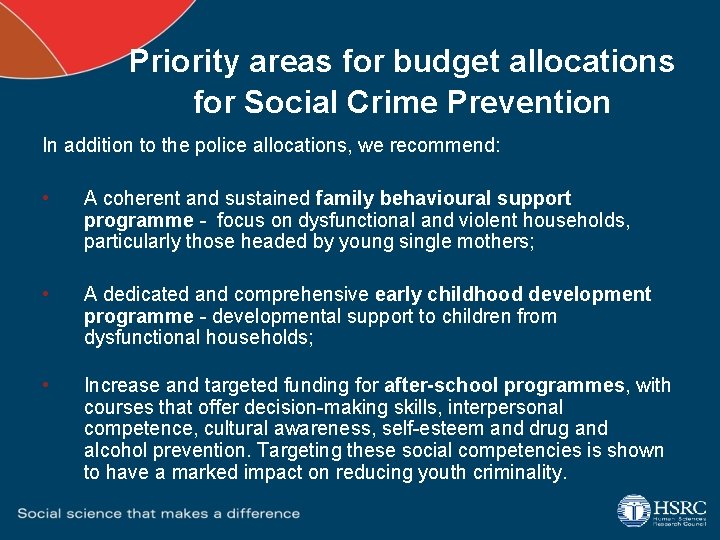 Priority areas for budget allocations for Social Crime Prevention In addition to the police