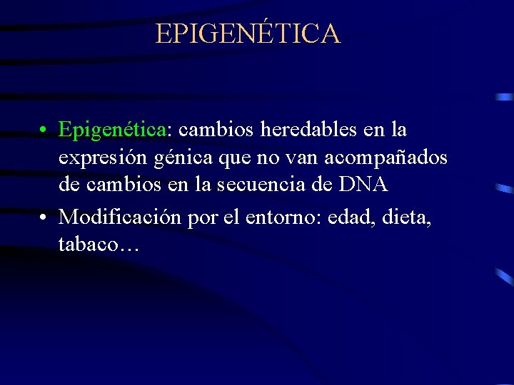 EPIGENÉTICA • Epigenética: cambios heredables en la expresión génica que no van acompañados de