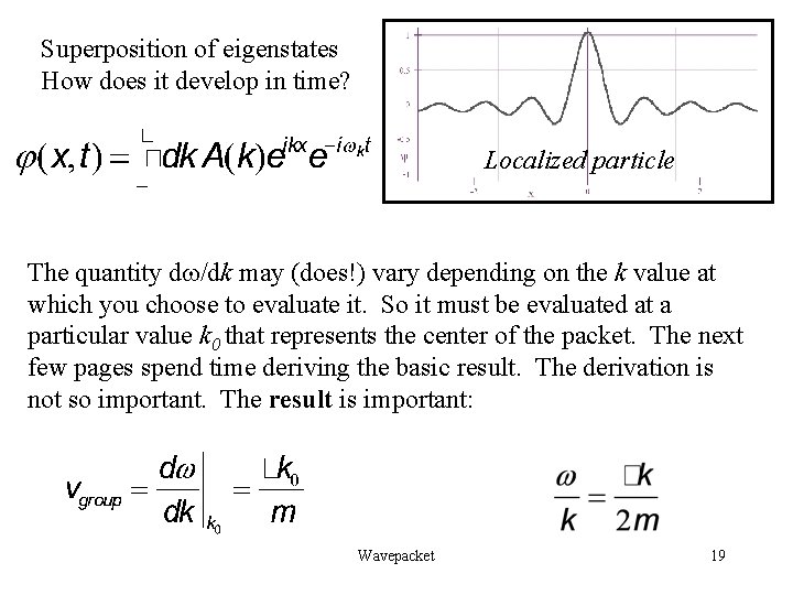 Superposition of eigenstates How does it develop in time? Localized particle The quantity dw/dk Superposition of eigenstates How does it develop in time? Localized particle The quantity dw/dk