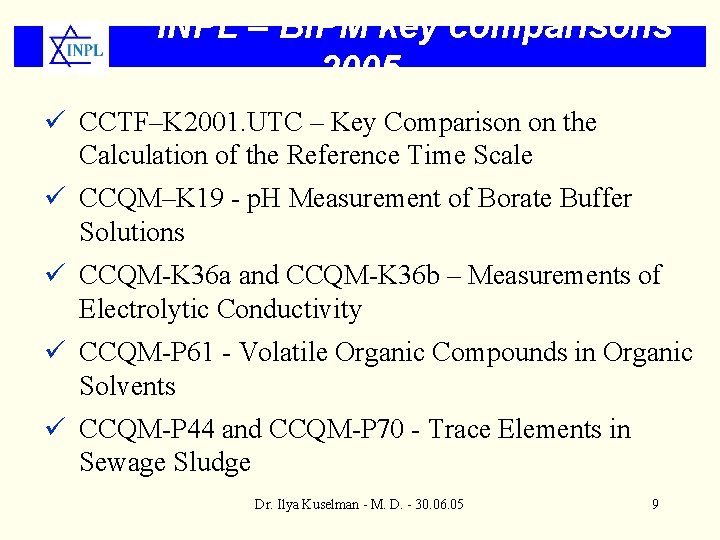 INPL – BIPM key comparisons 2005 ü CCTF–K 2001. UTC – Key Comparison on