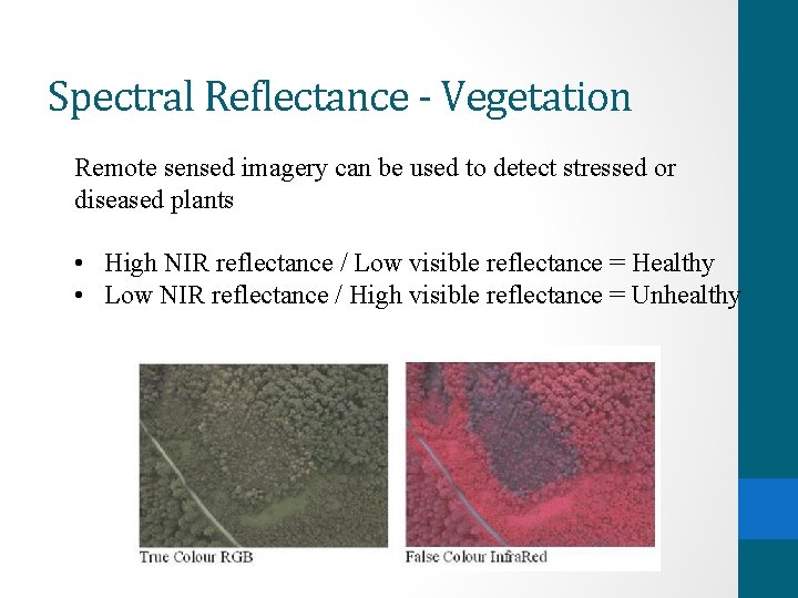 Spectral Reflectance - Vegetation Remote sensed imagery can be used to detect stressed or