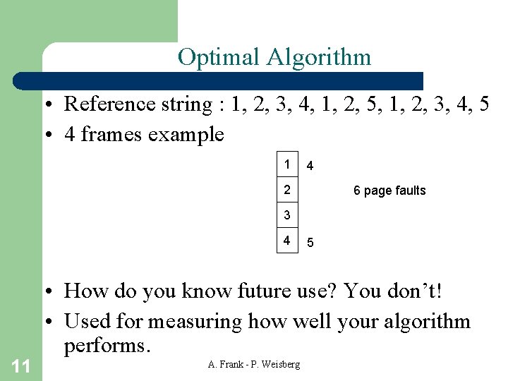 Optimal Algorithm • Reference string : 1, 2, 3, 4, 1, 2, 5, 1,