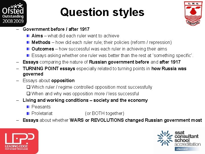 Question styles – Government before / after 1917 Aims – what did each ruler