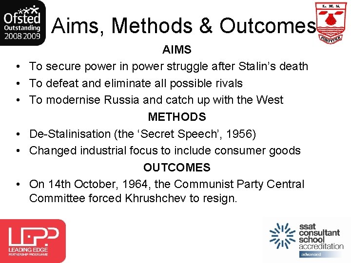 Aims, Methods & Outcomes • • • AIMS To secure power in power struggle