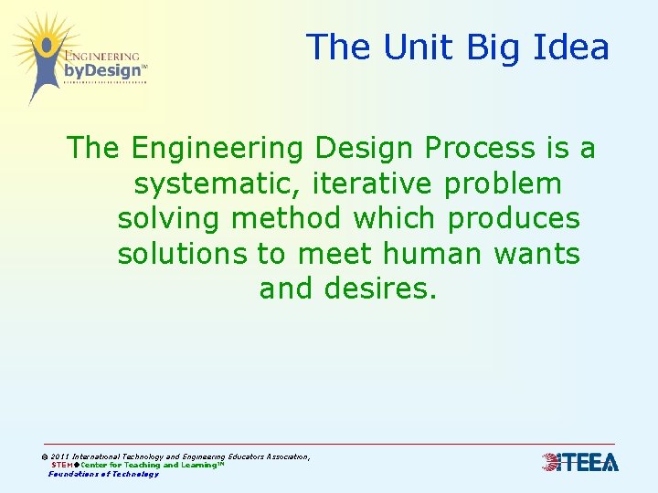 The Unit Big Idea The Engineering Design Process is a systematic, iterative problem solving