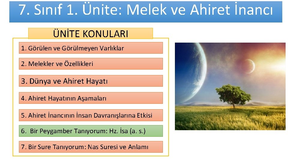 7. Sınıf 1. Ünite: Melek ve Ahiret İnancı ÜNİTE KONULARI 1. Görülen ve Görülmeyen