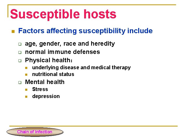 Susceptible hosts n Factors affecting susceptibility include q q q age, gender, race and