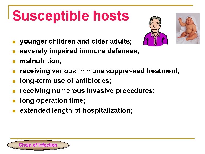 Susceptible hosts n n n n younger children and older adults; severely impaired immune