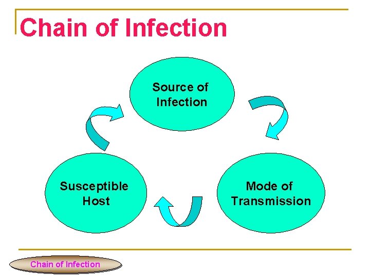 Chain of Infection Source of Infection Susceptible Host Chain of Infection Mode of Transmission