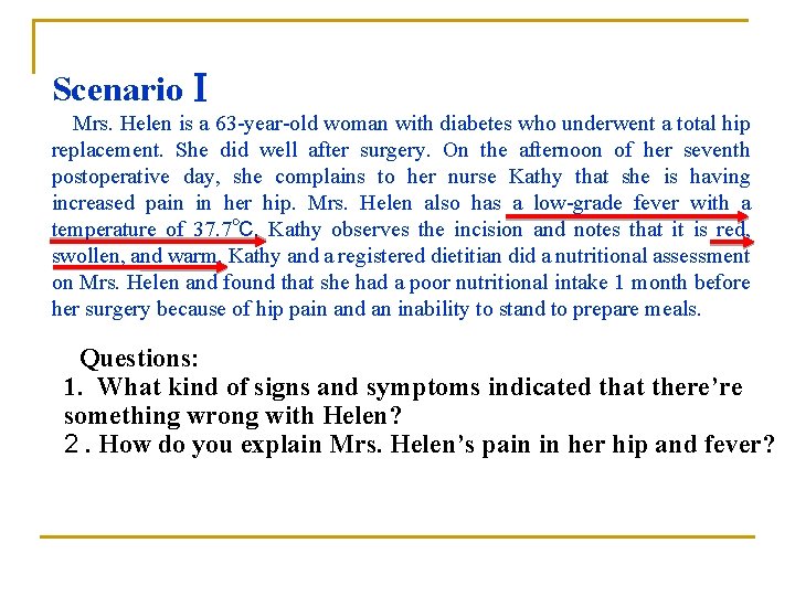 ScenarioⅠ Mrs. Helen is a 63 -year-old woman with diabetes who underwent a total