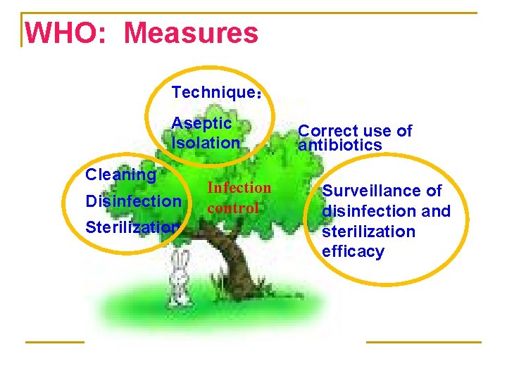 WHO: Measures Technique： Aseptic Isolation Cleaning Disinfection Sterilization Infection control Correct use of antibiotics
