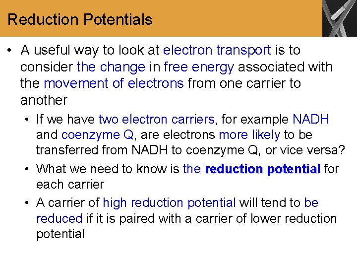 Reduction Potentials • A useful way to look at electron transport is to consider