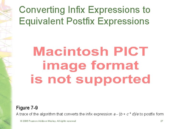 Converting Infix Expressions to Equivalent Postfix Expressions Figure 7 -9 A trace of the