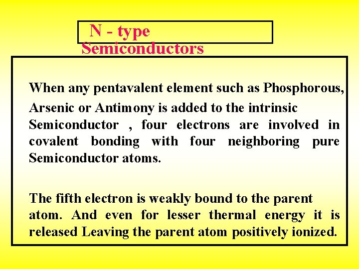 N - type Semiconductors When any pentavalent element such as Phosphorous, Arsenic or Antimony