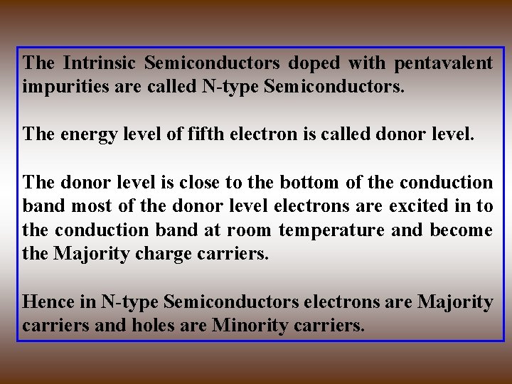 The Intrinsic Semiconductors doped with pentavalent impurities are called N-type Semiconductors. The energy level