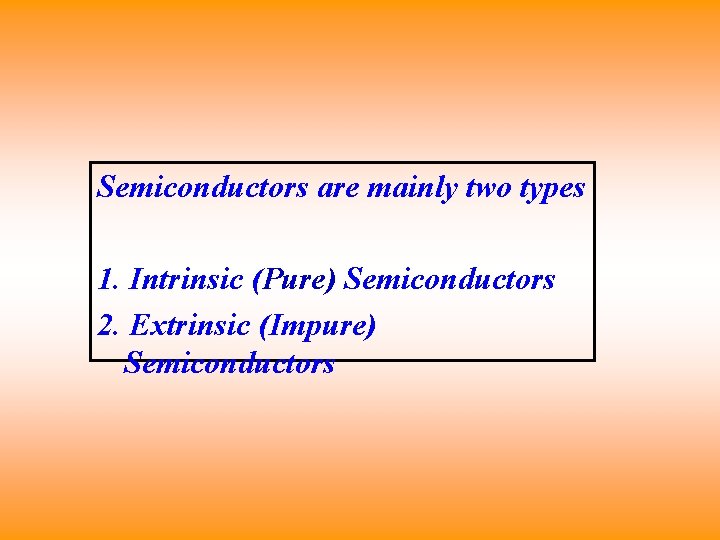 Semiconductors are mainly two types 1. Intrinsic (Pure) Semiconductors 2. Extrinsic (Impure) Semiconductors 