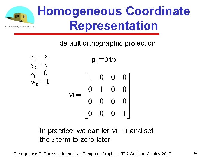 Homogeneous Coordinate Representation default orthographic projection xp = x yp = y zp =