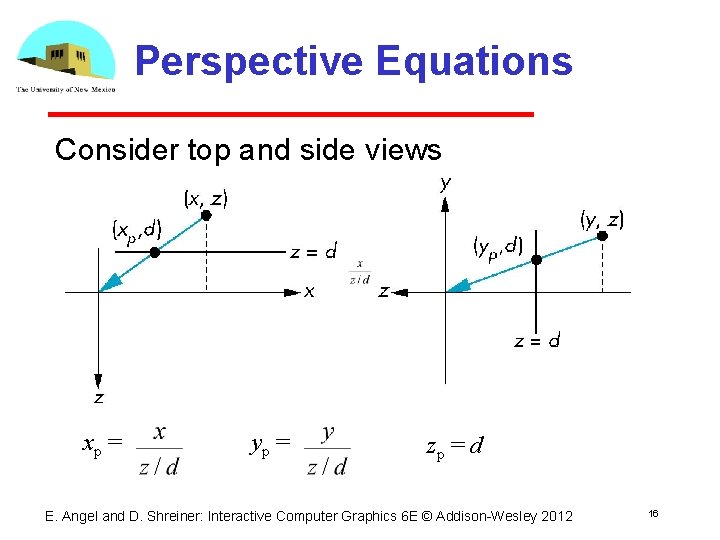 Perspective Equations Consider top and side views xp = yp = zp = d