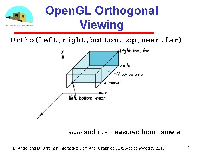 Open. GL Orthogonal Viewing Ortho(left, right, bottom, top, near, far) near and far measured