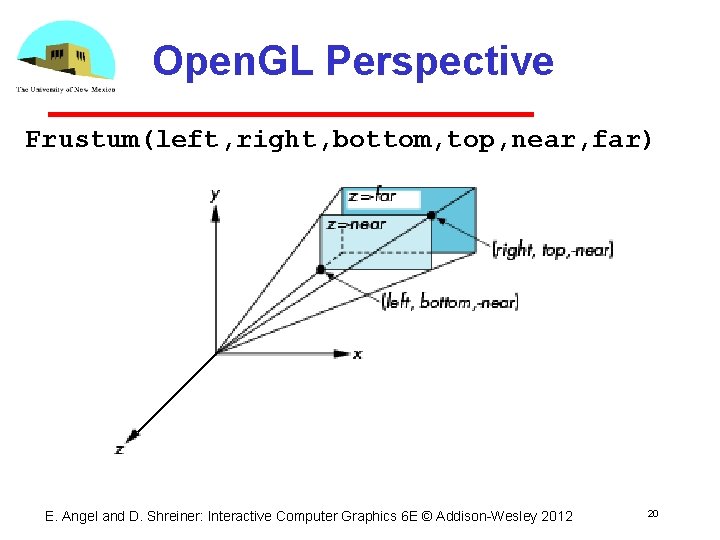 Open. GL Perspective Frustum(left, right, bottom, top, near, far) E. Angel and D. Shreiner: