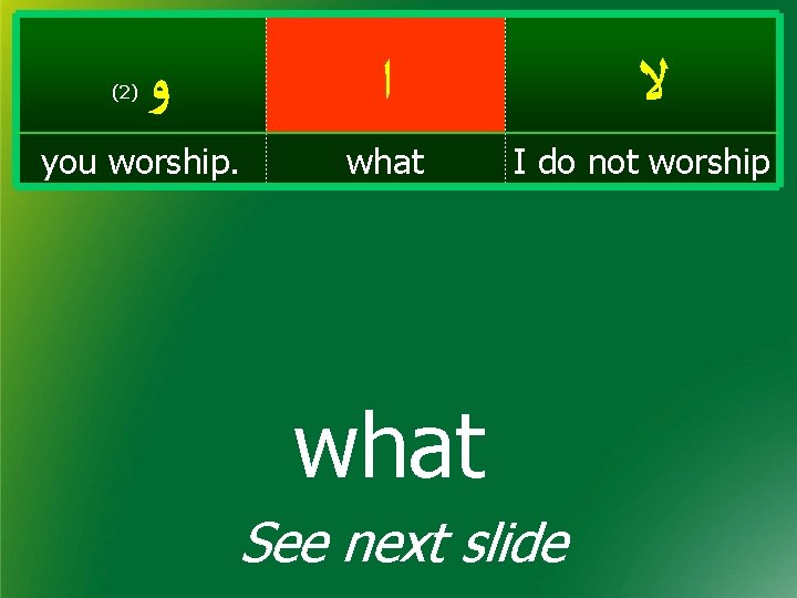 (2) ﻭ ﺍ you worship. what ﻻ I do not worship what See next