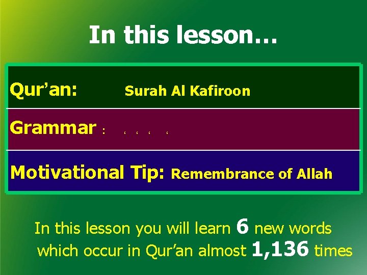 In this lesson… Qur’an: Surah Al Kafiroon Grammar : ، ، Motivational Tip: Remembrance