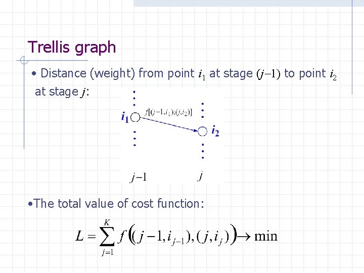 Trellis graph • Distance (weight) from point i 1 at stage (j 1) to