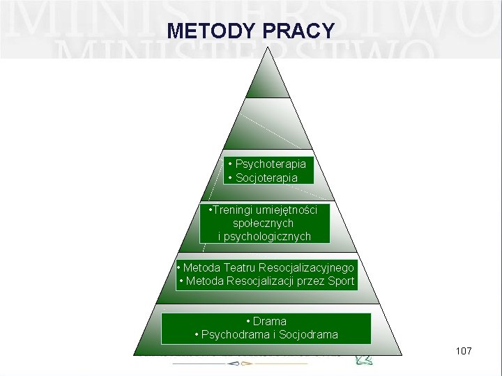 METODY PRACY • Psychoterapia • Socjoterapia • Treningi umiejętności społecznych i psychologicznych • Metoda