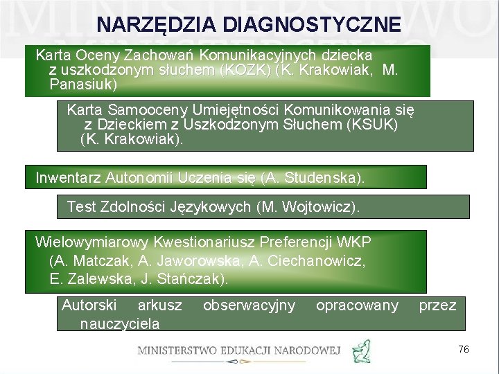 NARZĘDZIA DIAGNOSTYCZNE Karta Oceny Zachowań Komunikacyjnych dziecka z uszkodzonym słuchem (KOZK) (K. Krakowiak, M.