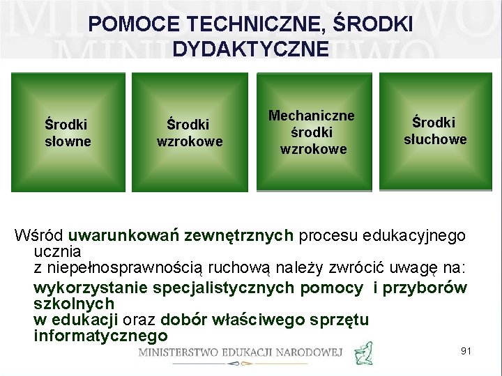 POMOCE TECHNICZNE, ŚRODKI DYDAKTYCZNE Środki słowne Środki wzrokowe Mechaniczne środki wzrokowe Środki słuchowe Wśród