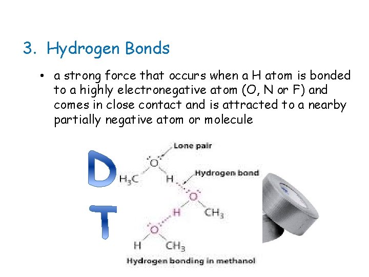 3. Hydrogen Bonds • a strong force that occurs when a H atom is