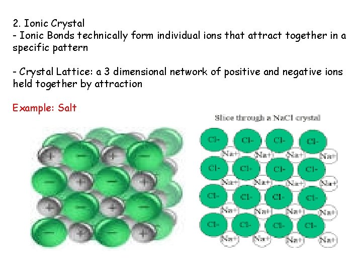2. Ionic Crystal - Ionic Bonds technically form individual ions that attract together in