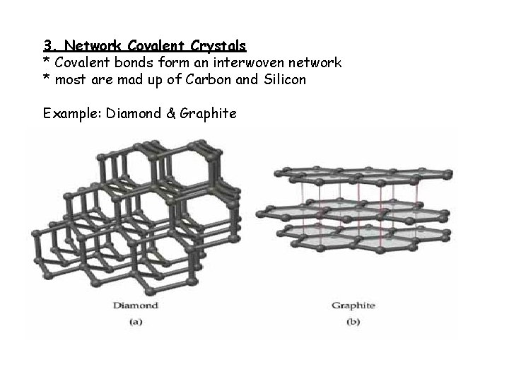 3. Network Covalent Crystals * Covalent bonds form an interwoven network * most are