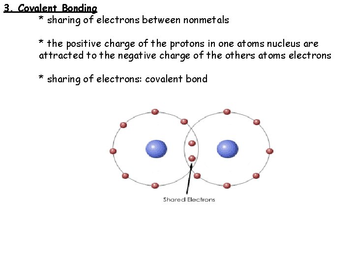 3. Covalent Bonding * sharing of electrons between nonmetals * the positive charge of