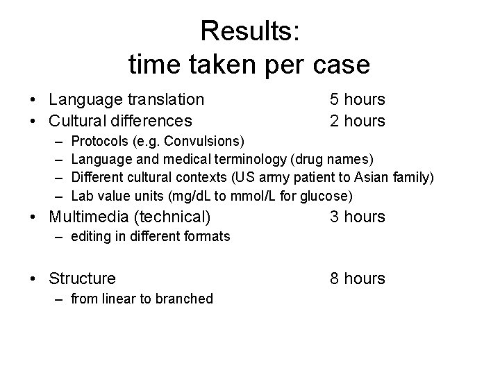 Results: time taken per case • Language translation • Cultural differences – – 5