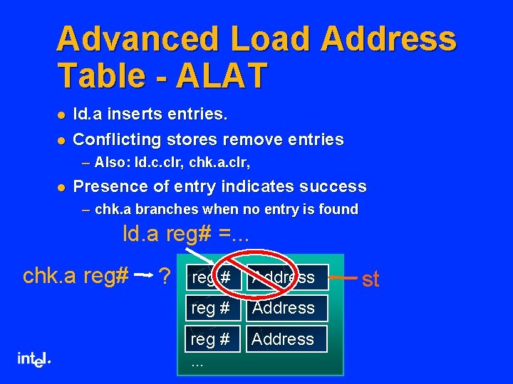 Advanced Load Address Table - ALAT l l ld. a inserts entries. Conflicting stores