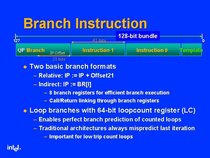 Branch Instruction 41 -bits 127 QP Branch IP-Offset 128 -bit bundle Instruction 1 Instruction