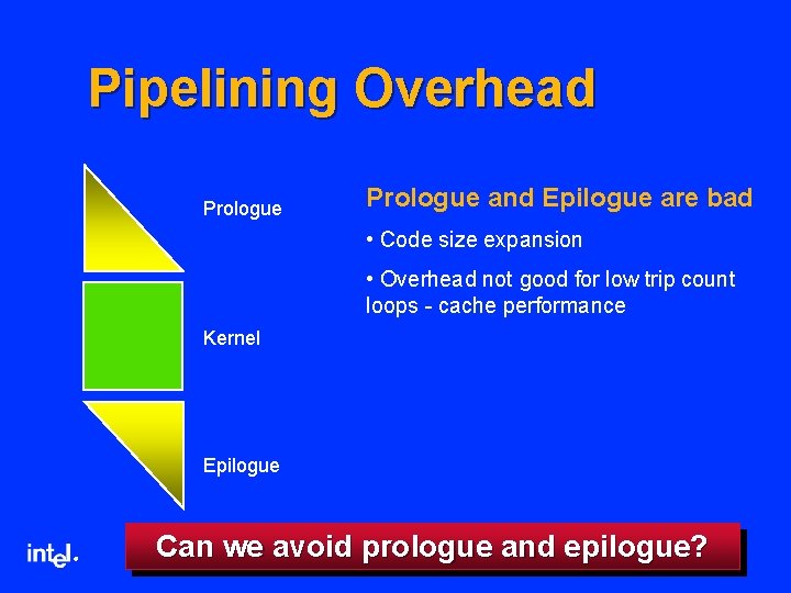 Pipelining Overhead Prologue and Epilogue are bad • Code size expansion • Overhead not
