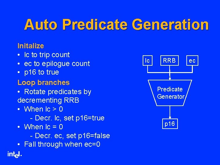 Auto Predicate Generation Initalize • lc to trip count • ec to epilogue count